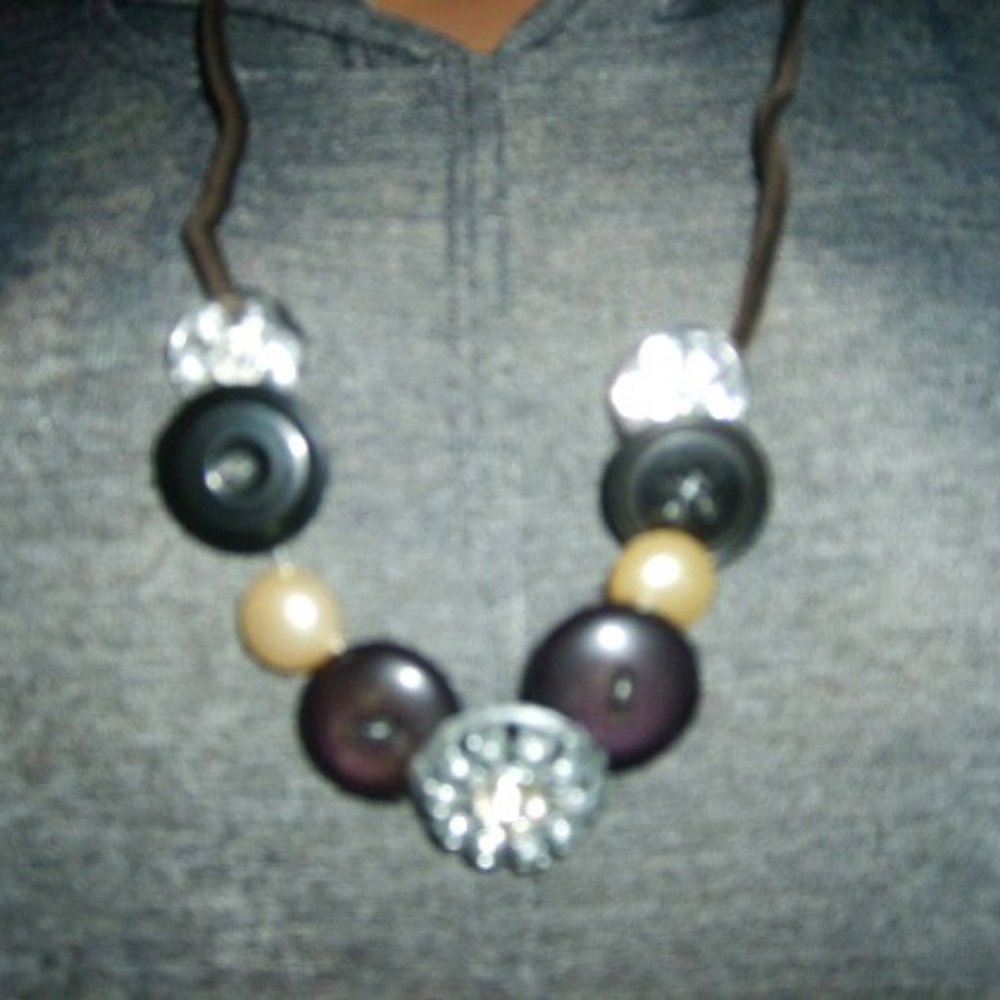 Necklace Vintage Buttons Leather Strap 15.5" Long Handmade